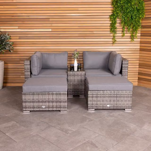 Charles Bentley Grey L-Shape Rattan Lounge Set with Cushions, Coffee Table and Ottoman