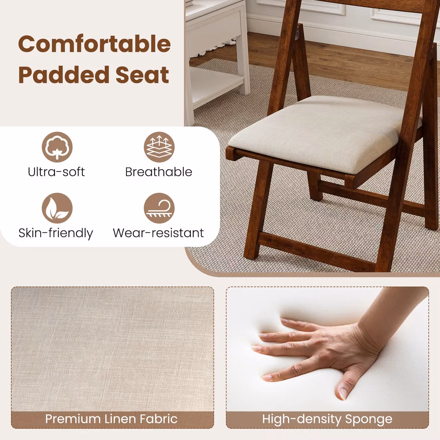 Costway Set of 4 Foldable Armless Dining Chairs in Walnut Brown with Fabric Upholstery – 6