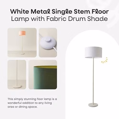 ValueLights White Metal Single Stem Floor Lamp with Grey Fabric Drum Lampshade and LED Bulb