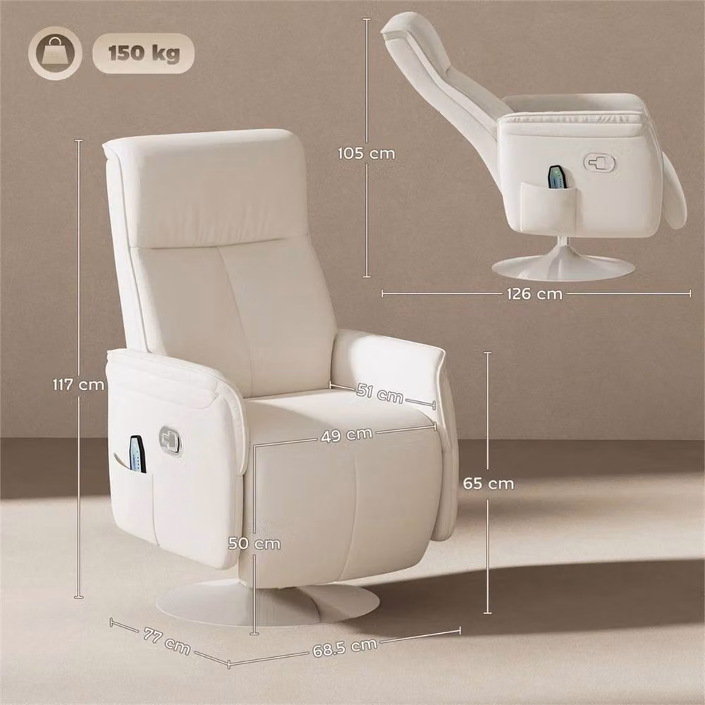 Nordara White Synthetic Leather Massage Reclining Chair with Adjustable Backrest and Armrests – 2