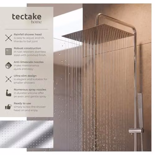 tectake Rainfall Shower Head in Polished Stainless Steel with Swivel and Tiltable Ball Joint, Square Overhead Design with Limescale-Repellent Silicone Nozzles, W: 30 cm x D: 30 cm, Silver – 2