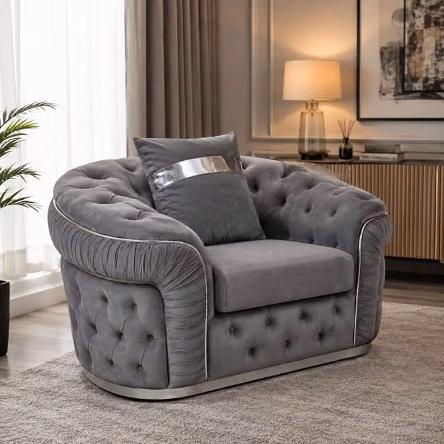 Stratus Interiors Ambassador Chesterfield Sofa in Grey Plush Velvet with Silver Trim and Scatter Cushions