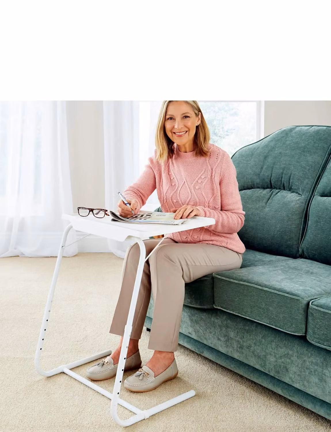 Chums Portable TV Table Valet in White with Height-Adjustable Folding Top – 3
