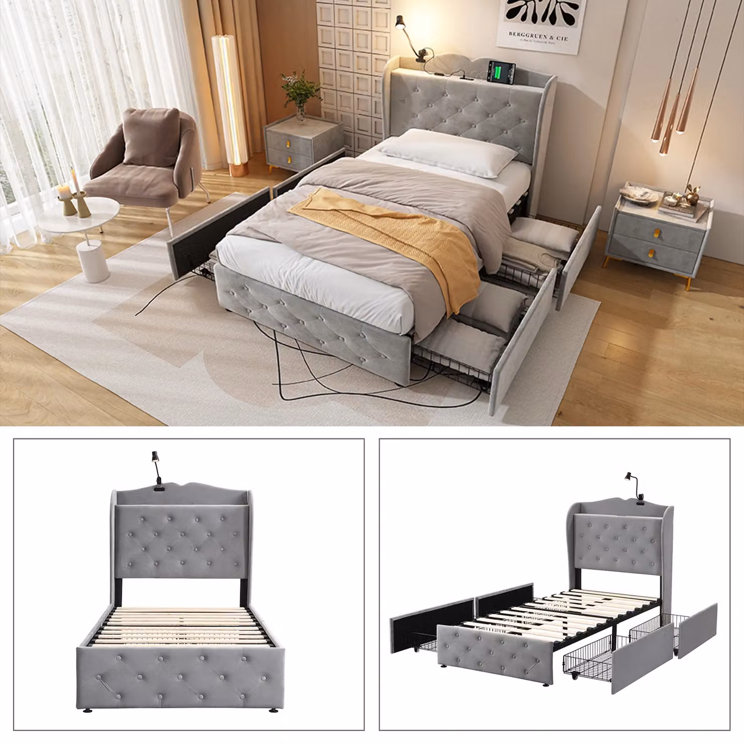 Matteo Grey Velvet Upholstered Double Storage Bed with 4 Drawers, Integrated Reading Light and USB Charging Port – 4