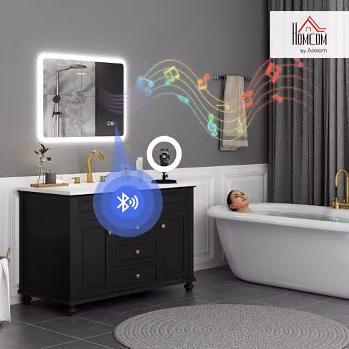HOMCOM LED Bluetooth Bathroom Mirror, Silver and White, W: 60 cm, H: 80 cm, Dimmable and Shatterproof – 2