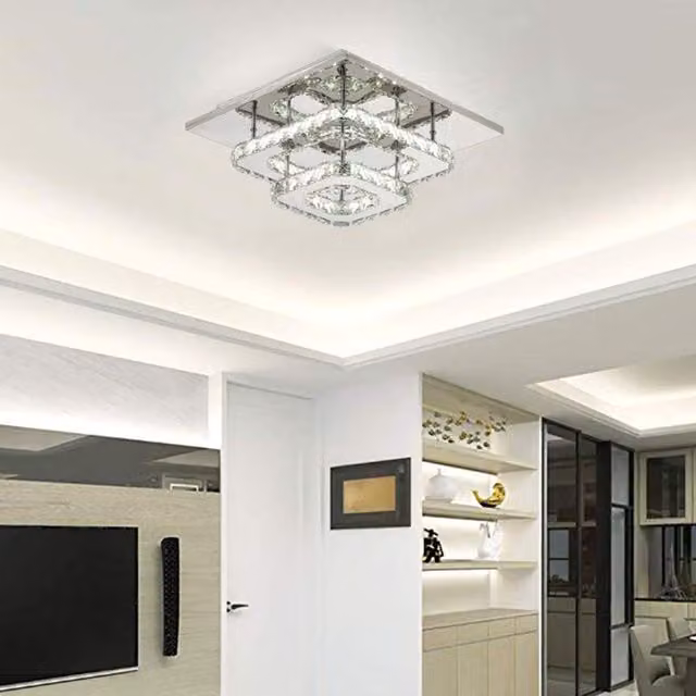 Livingandhome Dimmable Double-Tier Crystal LED Ceiling Light in Chrome and Transparent