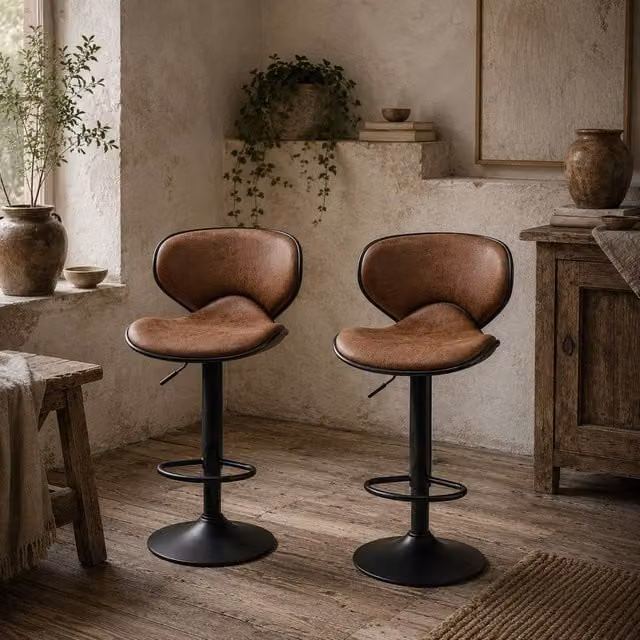 Wyld Haus Bama Set of 2 Brown Microfibre Adjustable Swivel Armless Bar Stools
