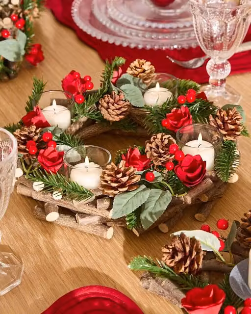 Dibor Christmas Roses Red Table Centrepiece Tealight Holder, 30 cm – 1