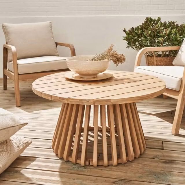 Sweekeec Round Acacia Wood Coffee Table in Beige for Indoor and Outdoor Use