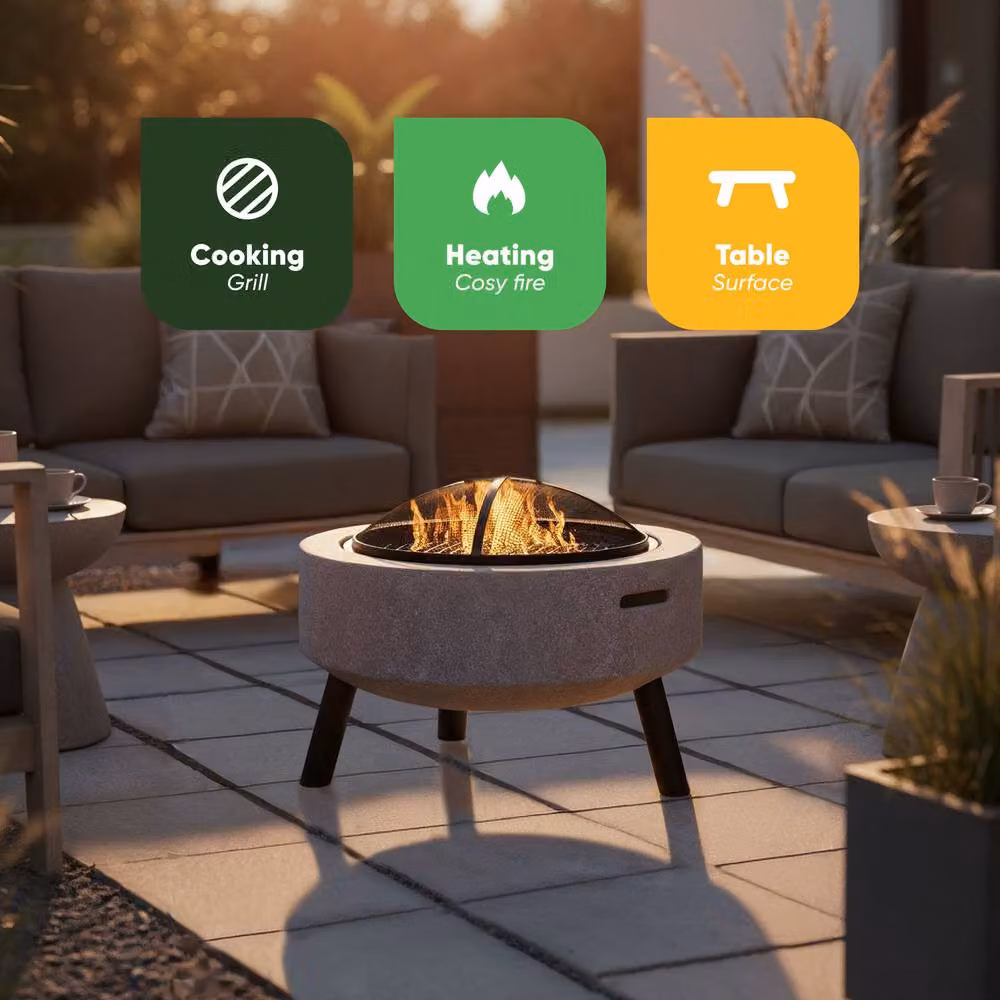 Gardenwize MGO 3 in 1 Clay Effect Fire Pit Table and BBQ with Grill in Light Grey – 2