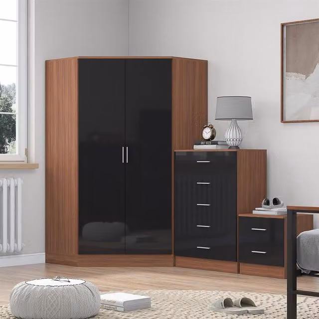 REFLECT Bedroom Furniture Bundle with Corner Wardrobe, Chest of Drawers and 2 Drawer Bedside Tables in Black Gloss and Matt Walnut