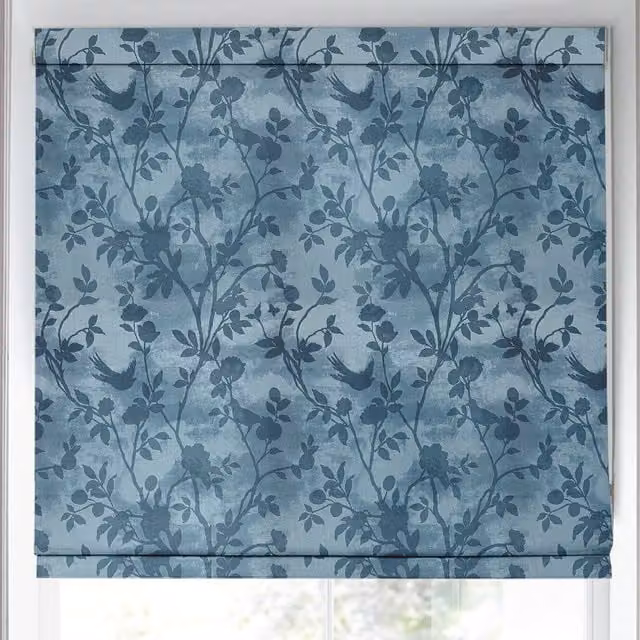 Laura Ashley Eglantine Silhouette Woven Made to Measure Blackout Roman Blind in Seaspray Blue Floral