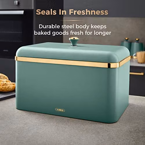Tower Cavaletto Airtight Bread Bin in Stainless Steel, Jade Green and Gold, W/D/H: 35.0 x 24.0 x 23.0 cm – 3