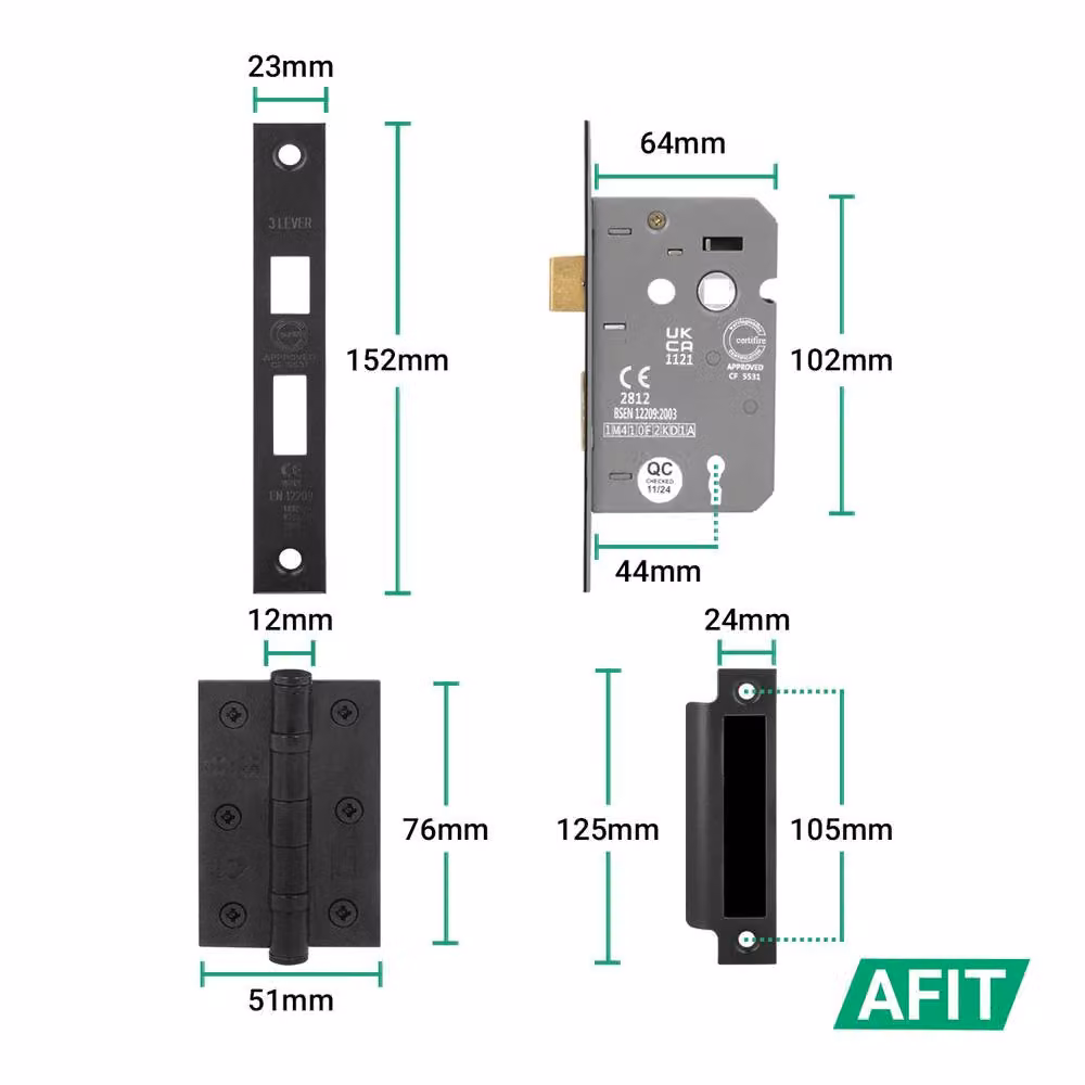 AFIT Matt Black Privacy Door Handle Set with Backplate, Lock and Hinges, W/D/H: 150 x 150 x 150 mm – 2