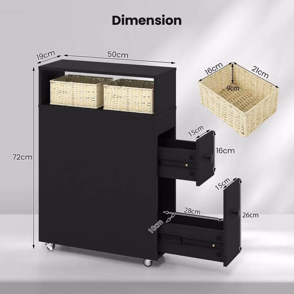 Costway Movable Narrow Bathroom Storage Cabinet with Rattan Detail in Black – 2