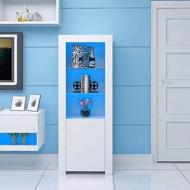 Dprodo Modern High Gloss Tall Display Cabinet in White with Glass Doors and LED Lighting