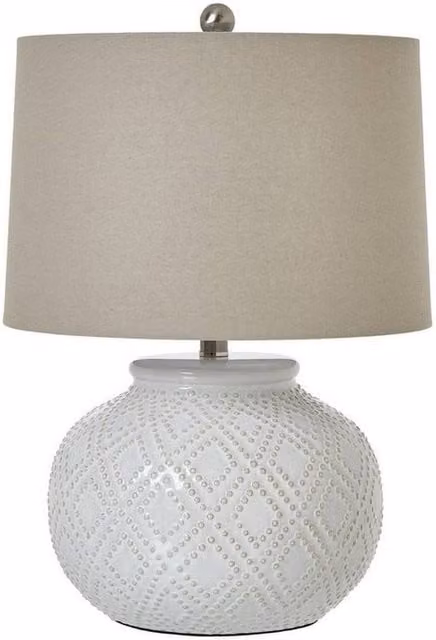 Lemon Pavilion White Ceramic Squat Beaded Tabletop Lamp with Linen Shade, W38 x D38 x H56 cm