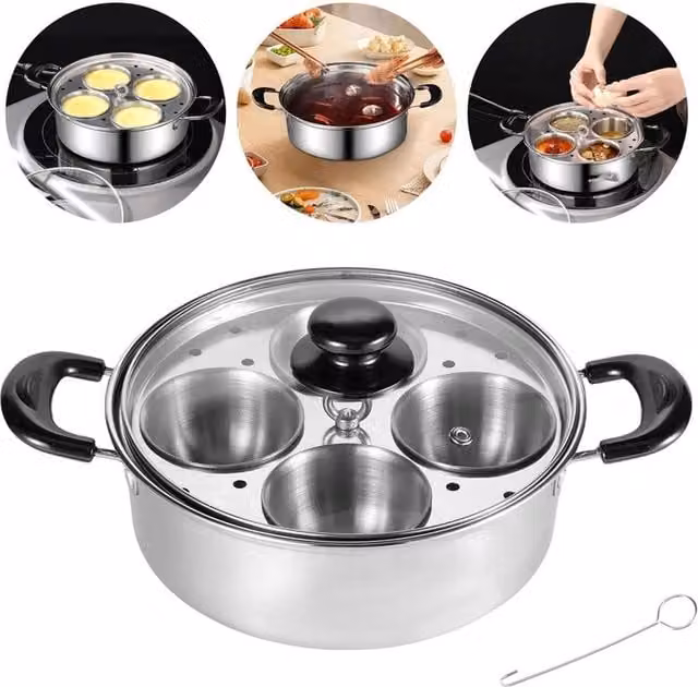 Ventryn Egg Poacher Steamer Pot with 4 Bowls and Glass Lid in Silver – 1