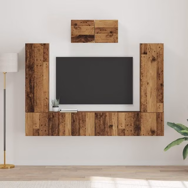 Berkfield Home 7-Piece Modern TV Cabinet Set in Brown Old Wood Finish with Wall-Mounted Shelves and Lowboard – 1