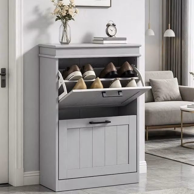 ERGOVEXA Grey Slim Shoe Cabinet with 2 Tilting Drawers and Internal Shelves – 1