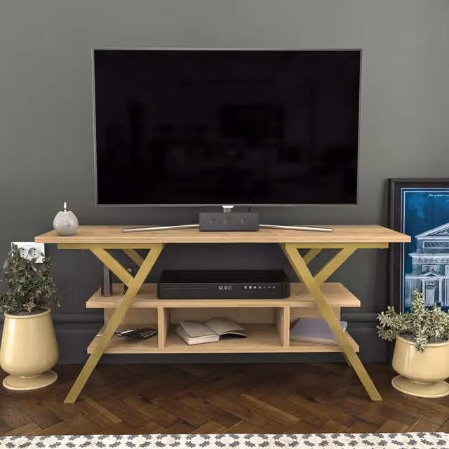 Decorotika Minerva Minimalist TV Unit in Gold and Oak with Metal and MDF Construction, Width: 120 cm – 1