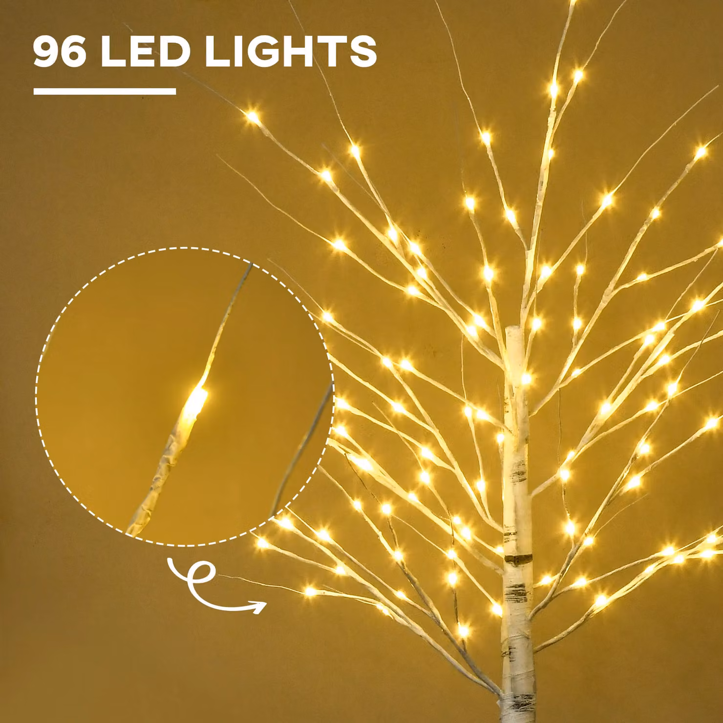 HOMCOM 6ft Artificial White Birch Tree with 96 Warm White Lights – 3