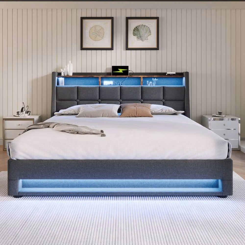 Merax Vintage Upholstered Storage Bed in Grey with LED Headboard, USB Charging Ports and Lift-Up Base, W/D/H: 200 x 155 x 117 cm – 6