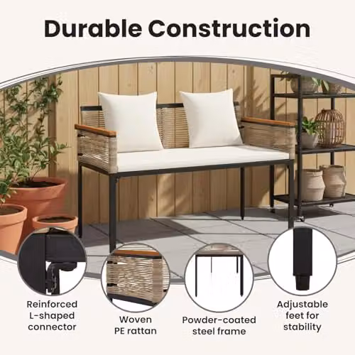 vidaXL 2-Seater Outdoor Bench with Armrests in Beige and White Poly Rattan, W: 117 cm, D: 54 cm, H: 74.5 cm – 5