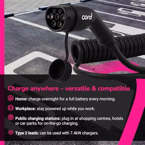 Cord Type 2 to Type 2 EV Coiled Charging Cable, 32amp, 22kW, 10 Metre (8m usable), Three Phase – 3