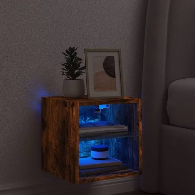 Berkfield Home TV Wall Cabinet with LED Lights in Smoked Oak Brown, W/D/H: 30 x 28.5 x 30 cm