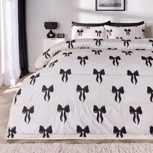 OHS Single 10.5 Tog Coverless Microfibre Duvet and Pillowcase Set, W/D/H: 135 x 200 cm, Monochrome Black, White and Beige – 1