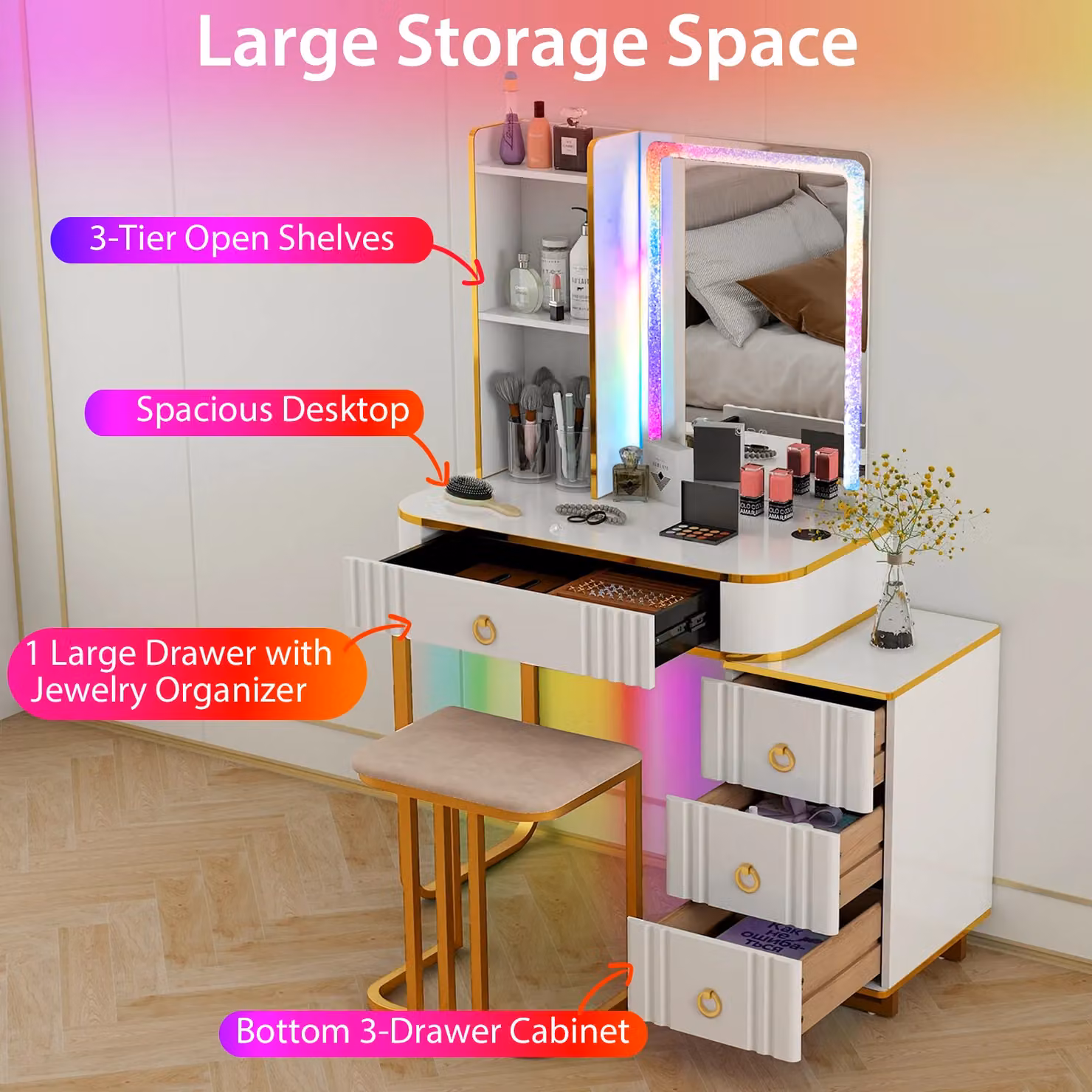 Costway RGB Hollywood LED Vanity Table Set with Mirror and Lights in White – 4