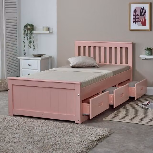 Rest Relax Maxine Pink and Grey Solid Wood Storage Cabin Bed with Drawers, W/D/H: 90 x 190 cm