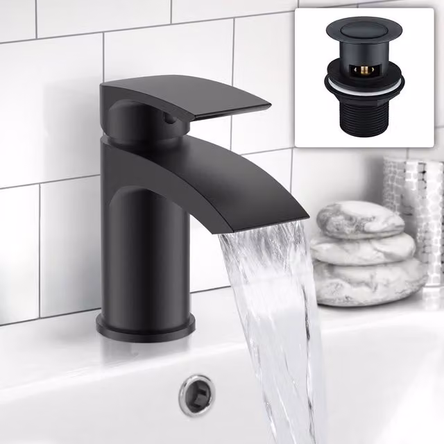 Nes Home Matt Black Mini Cloakroom Bathroom Basin Mono Mixer Tap with Pop Up Waste
