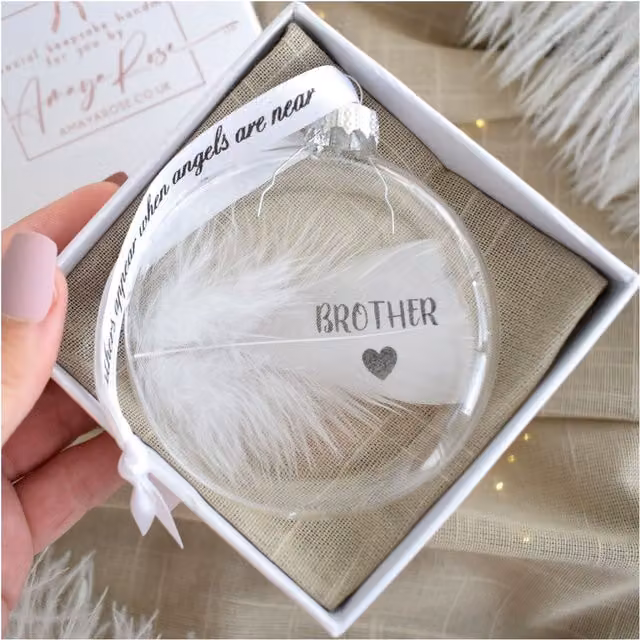Amaya Rose Ltd In Memory of Brother Round Glass Bauble with Bird and Heart Design in Clear and White