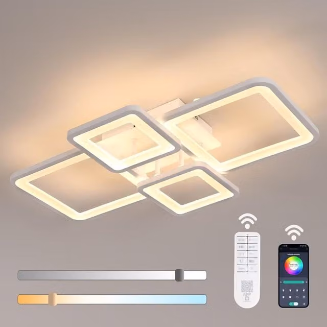 GOECO Modern Square LED Ceiling Light, Dimmable with Remote Control, White, 54W