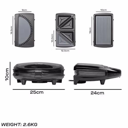 Daewoo 3-in-1 Panini Press, Sandwich and Crimp Maker with Removable Non-Stick Plates, 750W, Black – 6