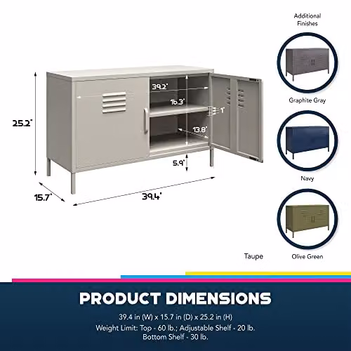 DHP Furniture Bradford Green Metal 2 Door Industrial Accent Cabinet with Internal Shelves W/D/H: 64 x 40 x 100 cm – 3