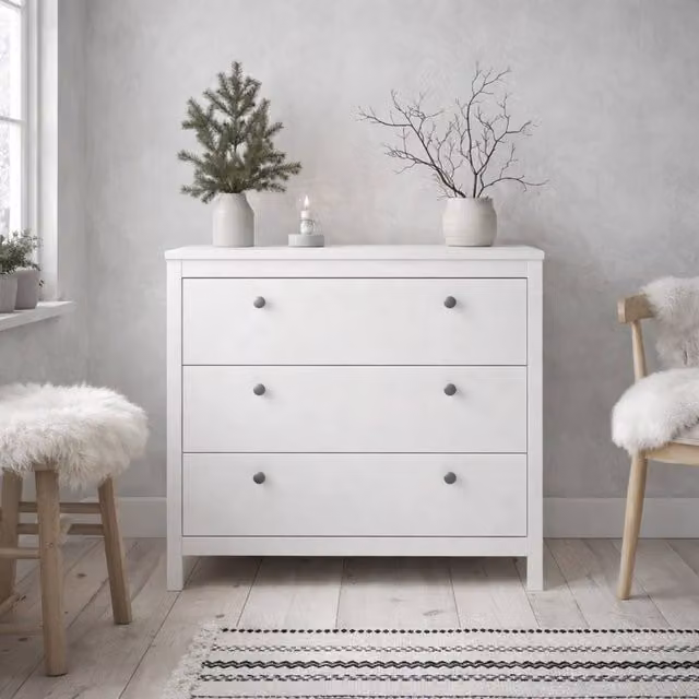 Wyld Haus Gossmere White 3 Drawer Wooden Chest with Silver Plastic Handles H 79.7 cm x W 38.4 cm x D 27.1 cm