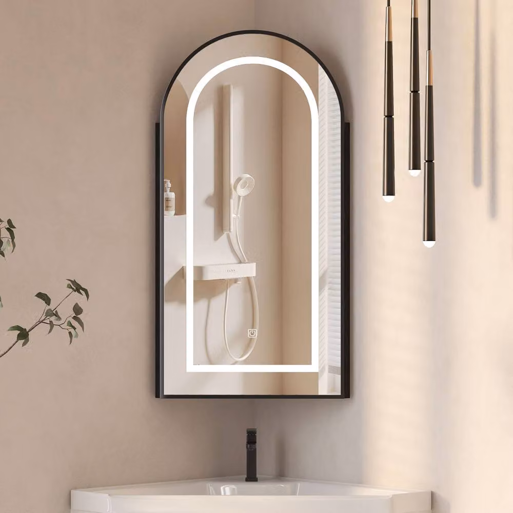 KEEPREAPER Arched Black LED Bathroom Mirror Cabinet with Integrated Lighting and Sensor Switch, W: 40 cm, H: 80 cm – 6