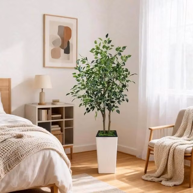 VOGREX 5ft Artificial Ficus Tree in Green with Tall Wood Planter – 1