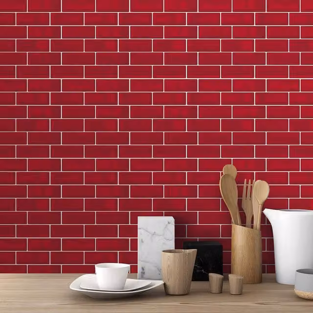 WALPLUS Red 3D Adhesive Rectangular Tile Stickers