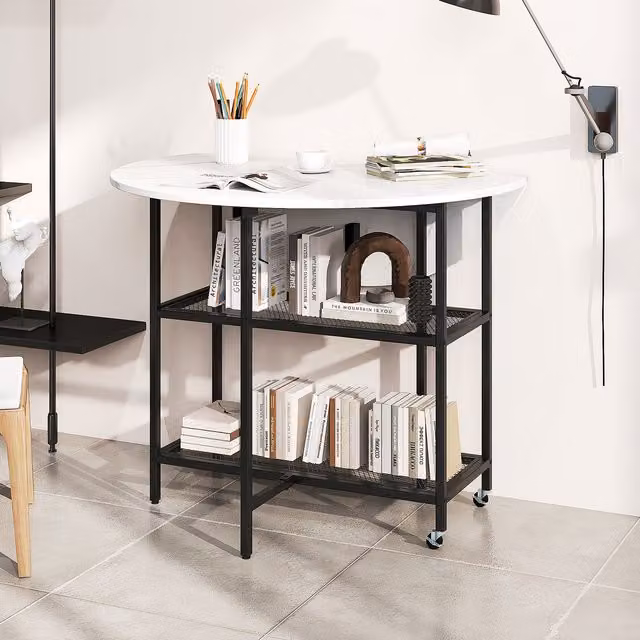 Costway Modern Round White Kitchen and Dining Table with Drop Leaf and Castors