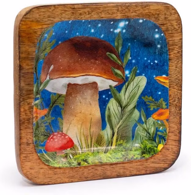 KDMD Teal Mushroom Big Square Trinket Tray, Petrol and Multicolour, W: 15 cm, D: 15 cm, H: 2.5 cm