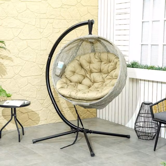 Outsunny Garden Hanging Egg Swing Chair with Folding Basket in Khaki