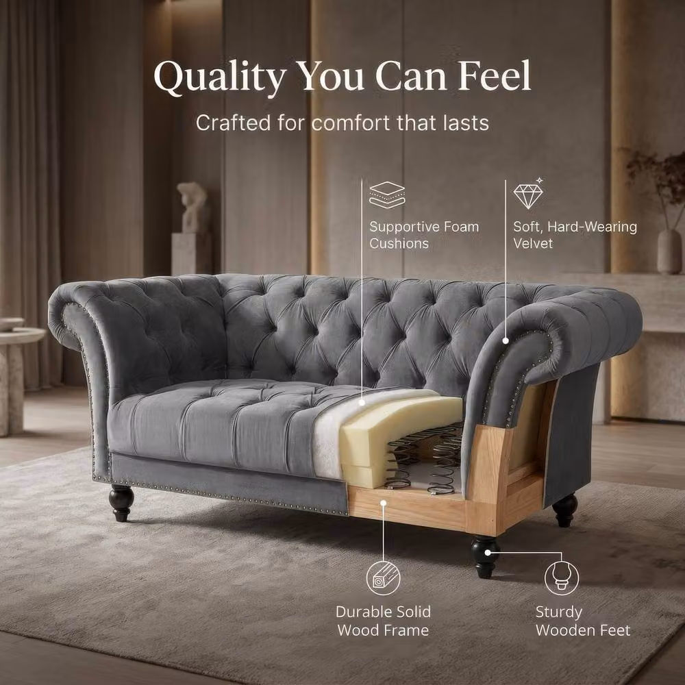 Bravich LTD 3 Seater Chesterfield Velvet Sofa in Grey with Rolled Arms and Buttoned Back – 4
