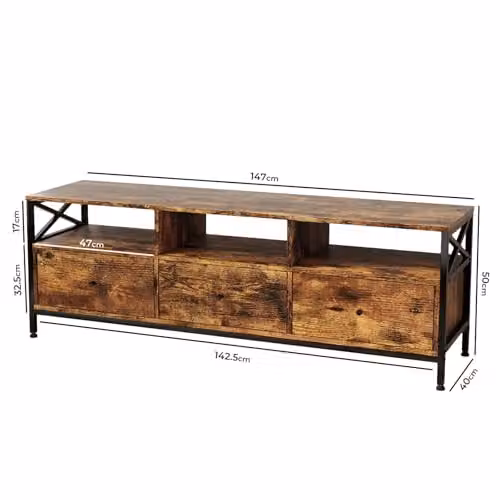Levede Industrial 65 Inch TV Stand with 3 Drawers and 3 Open Shelves in Rustic Brown and Black – 2