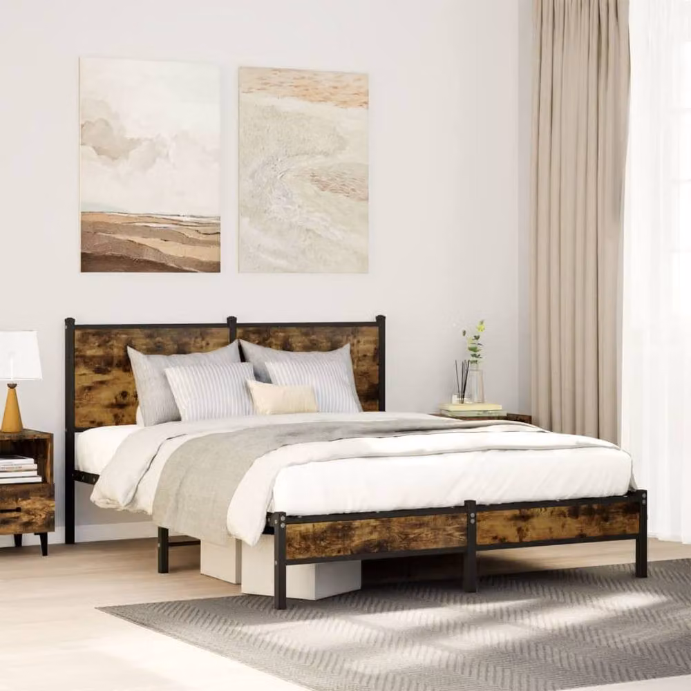 Berkfield Home Metal and Wood Bed Frame in Smoked Oak and Brown, King Size, W/D/H: 150 x 200 x 91.5 cm – 2