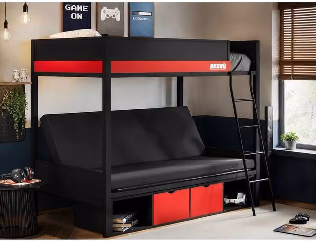 Flair Nova Metal Gaming Bunk Bed with Cotton Futon and Storage Drawers, Black and Red, Single Size (90 x 200 cm) – 1