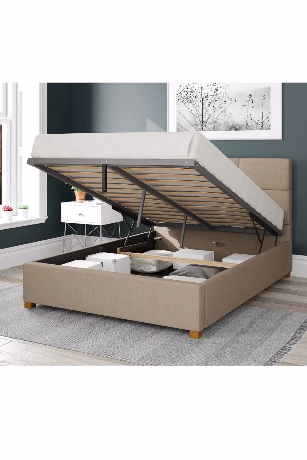 Aspire Caine Upholstered Ottoman Storage Bed in Beige Eire Linen Fabric, Super King, 200 x 200 cm – 1